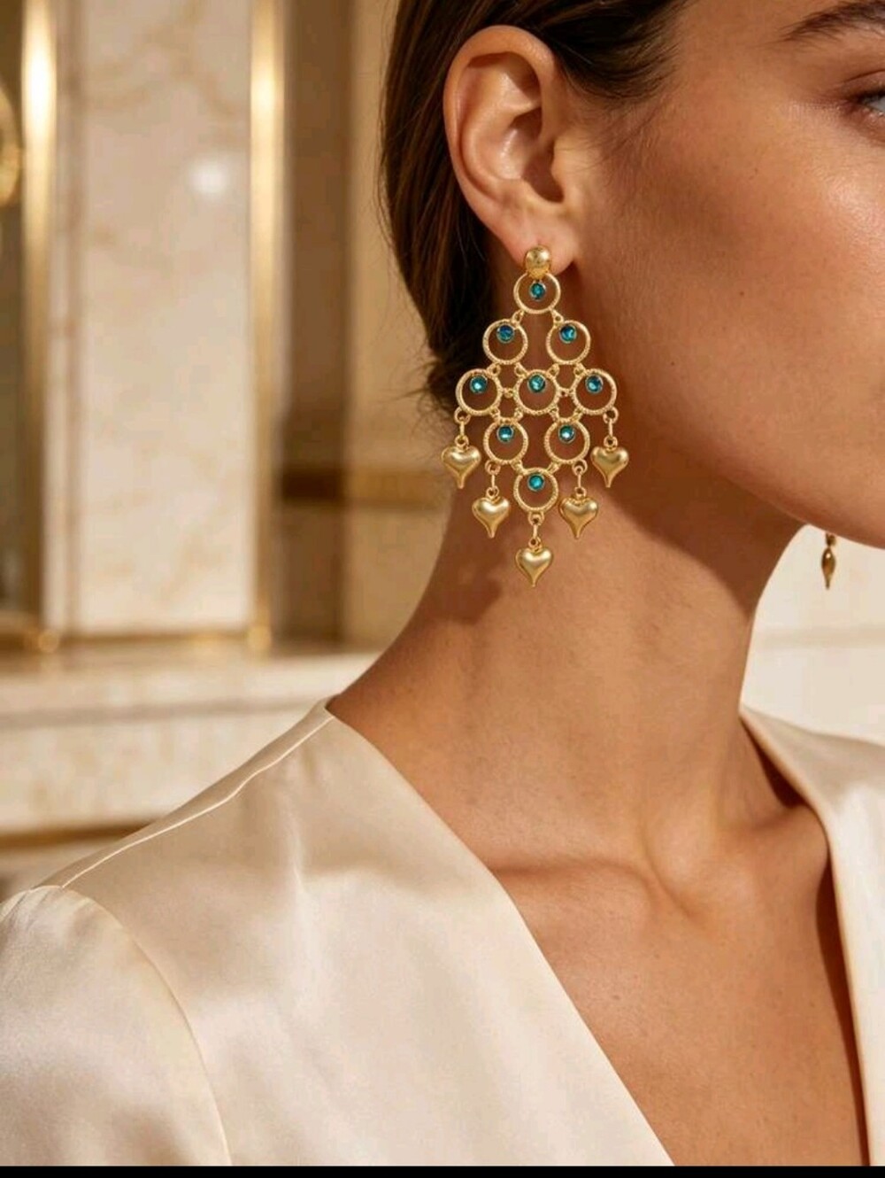 BRAND NEW ** Gold Chandelier Heart Drop Earrings with Teal Accents